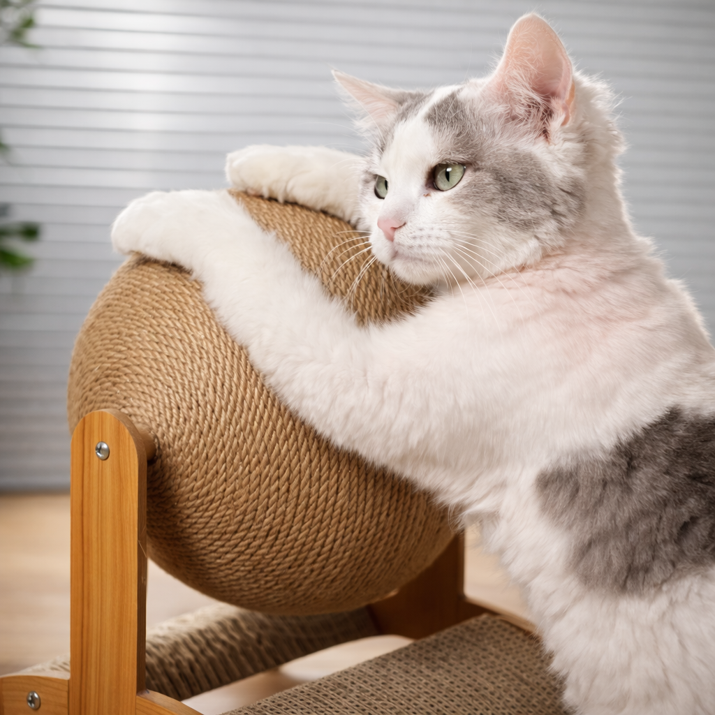 Plateforme griffoir en bois avec balles pour chat, jeu interactif