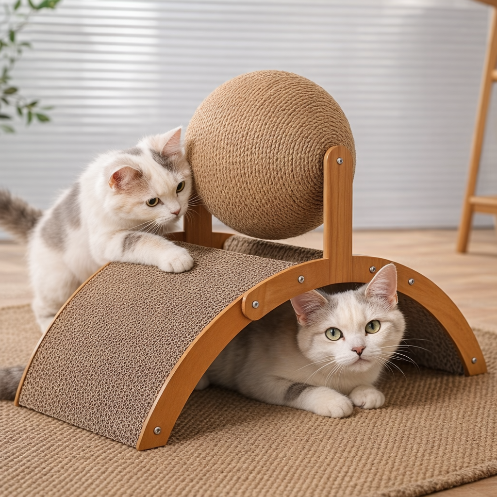 Plateforme griffoir bois pour chat avec balle interactive
