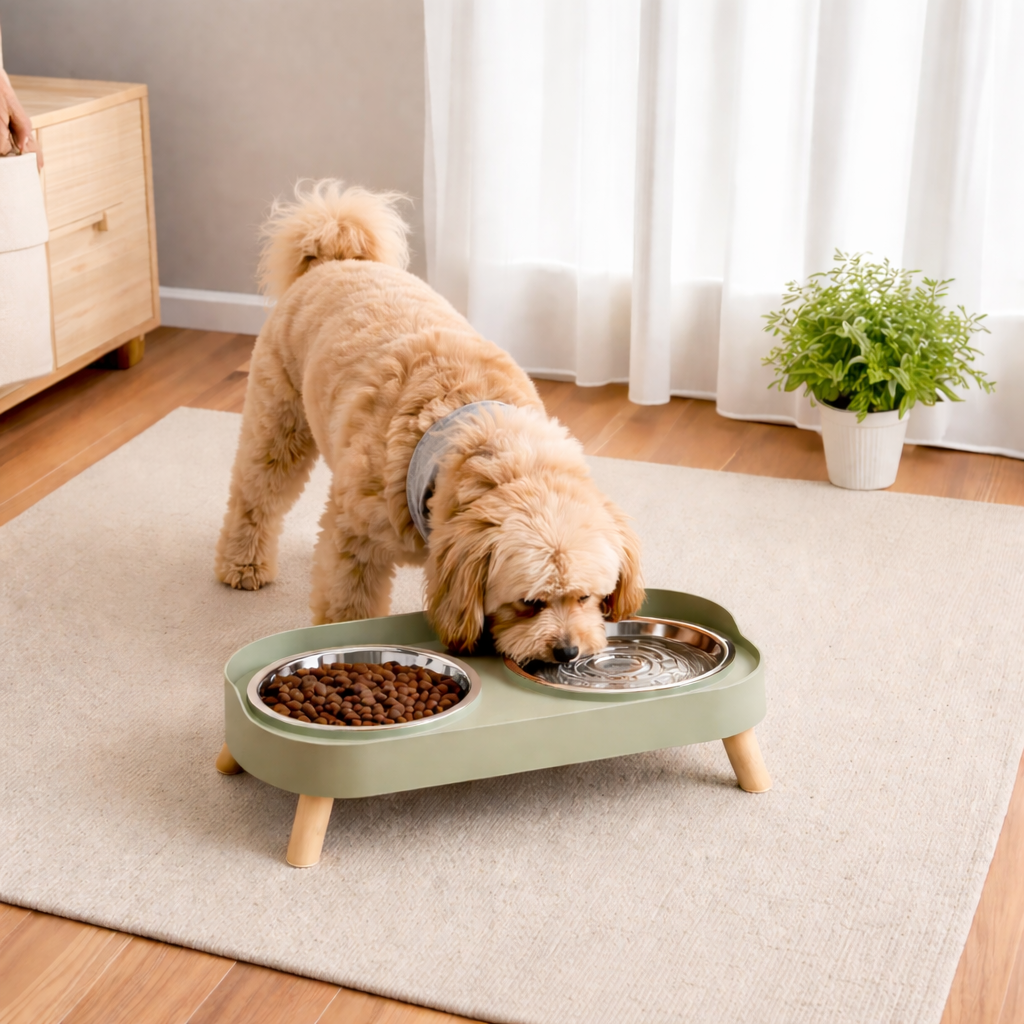 Gamelle surélevée verte pour chat et chien, favorisant une meilleure digestion