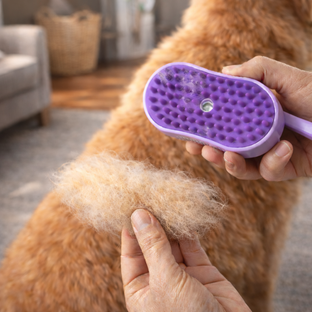 Brosse spray violette avec vaporisateur intégré pour démêler et hydrater le pelage des chats et chiens