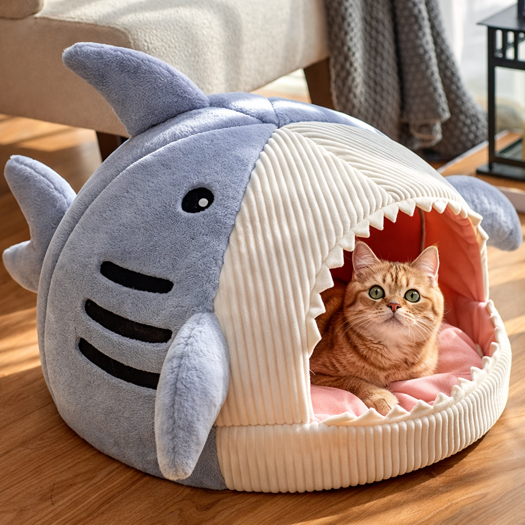 Lit requin bleu douillet pour chat, nid de couchage chaleureux et confortable