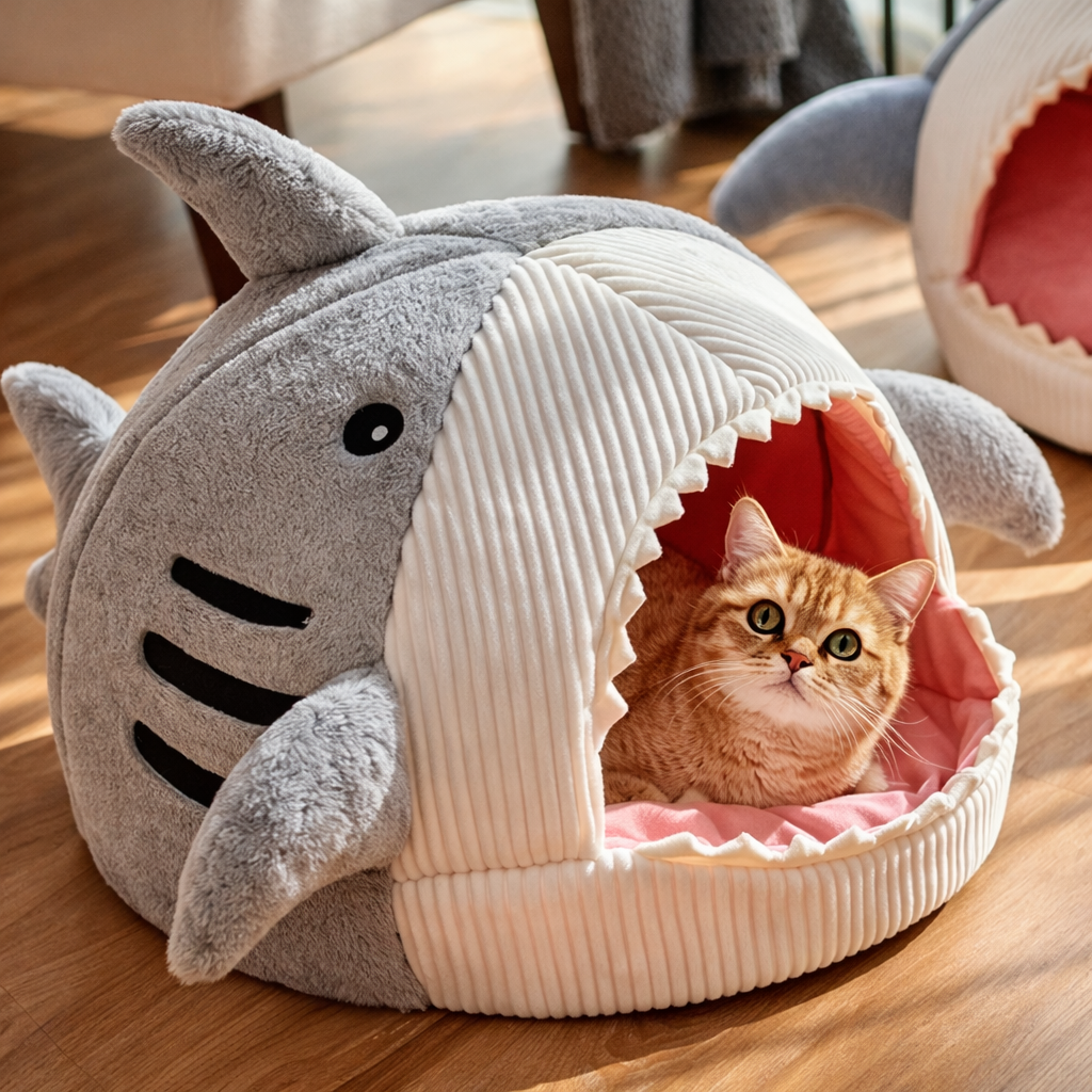 Lit requin douillet pour chat avec design amusant en forme de requin