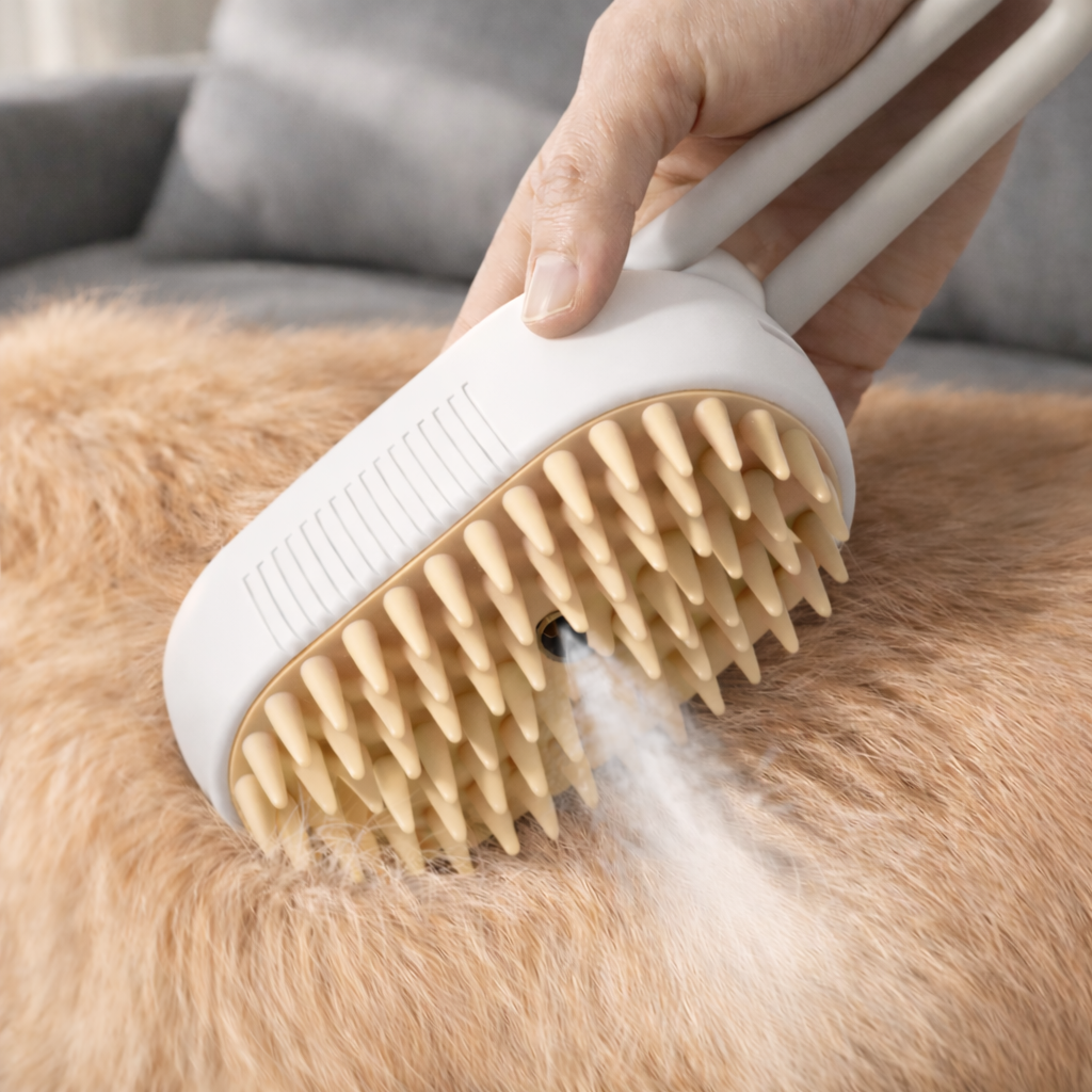 Brosse spray blanche pour chien et chat avec vaporisateur intégré